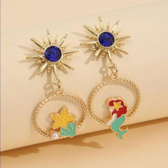 Y2K Disney Ariel Little Mermaid Starfish Ocean Charm Drop Earrings - Picture 2 of 8